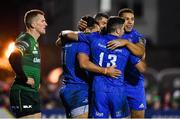 8 November 2019; James Lowe of Leinster celebrates after scoring his side's sixth try with team-mates Rob Kearney, Jimmy O'Brien and Adam Byrne during the Guinness PRO14 Round 6 match between Connacht and Leinster in the Sportsground in Galway. Photo by Brendan Moran/Sportsfile