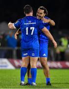 8 November 2019; James Lowe of Leinster, right, celebrates with team-mate Ed Byrne after the Guinness PRO14 Round 6 match between Connacht and Leinster in the Sportsground in Galway. Photo by Brendan Moran/Sportsfile