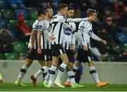 8 November 2019; Daniel Kelly of Dundalk, centre, celebrates after scoring his sides first goal during the Unite the Union Champions Cup first leg match between Linfield and Dundalk at the National Football Stadium at Windsor Park in Belfast. Photo by Oliver McVeigh/Sportsfile