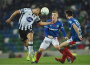 8 November 2019; Jordan Flores of Dundalk in action against Shayne Lavery and Stephen Fallon of Linfield during the Unite the Union Champions Cup first leg match between Linfield and Dundalk at the National Football Stadium at Windsor Park in Belfast. Photo by Oliver McVeigh/Sportsfile
