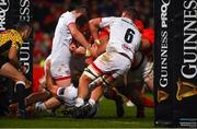 9 November 2019; CJ Stander of Munster is tackled by Alan O’Connor, Nick Timoney, Jordi Murphy, and Sean Reidy of Ulster on his way to scoring his side's first try during the Guinness PRO14 Round 6 match between Munster and Ulster at Thomond Park in Limerick. Photo by Diarmuid Greene/Sportsfile