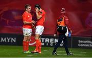 9 November 2019; JJ Hanrahan of Munster, left, is replaced by team-mate Tyler Bleyendaal due to injury during the Guinness PRO14 Round 6 match between Munster and Ulster at Thomond Park in Limerick. Photo by Brendan Moran/Sportsfile