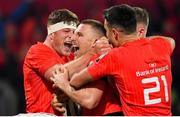 9 November 2019; Andrew Conway of Munster celebrates after scoring his side's third try with team-mates Jack O’Donoghue and Conor Murray during the Guinness PRO14 Round 6 match between Munster and Ulster at Thomond Park in Limerick. Photo by Brendan Moran/Sportsfile