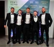 9 November 2019; Shamrock Rovers players, from left, Roberto Lopes, Sean Kavanagh, Lee Grace, Jack Byrne and Alan Mannus arrive prior to the PFA Ireland Awards 2019 at The Marker Hotel in Dublin. Photo by Seb Daly/Sportsfile
