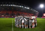 9 November 2019; The Ulster squad huddle together on the pitch after the Guinness PRO14 Round 6 match between Munster and Ulster at Thomond Park in Limerick. Photo by Diarmuid Greene/Sportsfile