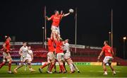 9 November 2019; Peter O’Mahony of Munster wins possession from an Ulster lineout ahead of Alan O’Connor of Ulster during the Guinness PRO14 Round 6 match between Munster and Ulster at Thomond Park in Limerick. Photo by Diarmuid Greene/Sportsfile