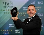 9 November 2019; PFA Ireland First Division Referee of the Year Alan Patchell is pictured with his award during the PFA Ireland Awards 2019 at The Marker Hotel in Dublin. Photo by Seb Daly/Sportsfile