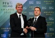 9 November 2019; PFA Ireland Premier Division Manager of the Year Vinny Perth of Dundalk FC is presented with his award by Stuart Gilhooly, PFA Ireland, during the PFA Ireland Awards 2019 at The Marker Hotel in Dublin. Photo by Seb Daly/Sportsfile