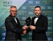 9 November 2019; PFA Ireland First Division Manager of the Year Tim Clancy of Drogheda United is presented with his award by Stephen Henderson, Managers Association, during the PFA Ireland Awards 2019 at The Marker Hotel in Dublin. Photo by Seb Daly/Sportsfile