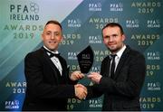 9 November 2019; PFA Ireland First Division Referee of the Year Alan Patchell is presented with his award by Conan Byrne during the PFA Ireland Awards 2019 at The Marker Hotel in Dublin. Photo by Seb Daly/Sportsfile
