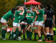 10 November 2019; Linda Djougang of Ireland is congratulated by team-mates after scoring her side's first try during the Women's Rugby International match between Ireland and Wales at the UCD Bowl in Dublin. Photo by David Fitzgerald/Sportsfile