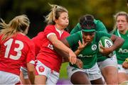 10 November 2019; Linda Djougang of Ireland breaks the tackle from Alex Callender of Wales on her way to scoring her side's first try during the Women's Rugby International match between Ireland and Wales at the UCD Bowl in Dublin. Photo by David Fitzgerald/Sportsfile