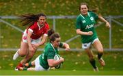 10 November 2019; Enya Breen of Ireland goes over to score her side's second try during the Women's Rugby International match between Ireland and Wales at the UCD Bowl in Dublin. Photo by David Fitzgerald/Sportsfile