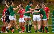 10 November 2019; Enya Breen of Ireland is congratulated by her team-mates after scoring her side's second try during the Women's Rugby International match between Ireland and Wales at the UCD Bowl in Dublin. Photo by David Fitzgerald/Sportsfile