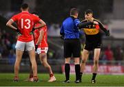 10 November 2019; Mark O'Shea of Dr. Crokes remonstrates with referee Brendan Griffin after being shown a red card during the Kerry County Senior Club Football Championship Final match between East Kerry and Dr. Crokes at Austin Stack Park in Tralee, Kerry. Photo by Brendan Moran/Sportsfile
