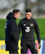 11 November 2019; Republic of Ireland assistant coach Robbie Keane, left, and Troy Parrott during a Republic of Ireland training session at the FAI National Training Centre in Abbotstown, Dublin. Photo by Seb Daly/Sportsfile