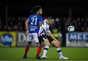 11 November 2019; Michael Duffy of Dundalk in action against Bastien Héry of Linfield during the Unite the Union Champions Cup Second Leg match between Dundalk and Linfield at Oriel Park in Dundalk, Louth. Photo by Eóin Noonan/Sportsfile