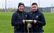 2 November 2019; Ireland joint manager Willie Cleary, right, and Ireland kitman Tommy Byrne with the cup after the U21 Hurling Shinty International 2019 match between Ireland and Scotland at the GAA National Games Development Centre in Abbotstown, Dublin. Photo by Piaras Ó Mídheach/Sportsfile