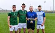 2 November 2019; Ireland players, representing Carlow, from left, Chris Nolan, Tony Lawlor, Damien Jordan, and Conor Langton with the cup after the U21 Hurling Shinty International 2019 match between Ireland and Scotland at the GAA National Games Development Centre in Abbotstown, Dublin. Photo by Piaras Ó Mídheach/Sportsfile
