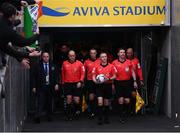 3 November 2019; Referee Derek Tomney leads his officials and teams out prior to the extra.ie FAI Cup Final between Dundalk and Shamrock Rovers at the Aviva Stadium in Dublin. Photo by Stephen McCarthy/Sportsfile