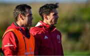 12 November 2019; Head coach Johann van Graan, left, and Joey Carbery during a Munster Rugby squad training session at University of Limerick in Limerick. Photo by Brendan Moran/Sportsfile