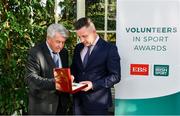 12 November 2019; Roddy Guiney, Chairperson of the Federation of Irish Sport, left, and Richard Gernon, Regional Manager EBS, examine the awards during the Volunteers in Sport Awards presented by Federation of Irish Sport with EBS at Farmleigh House in Phoenix Park, Dublin. Photo by Sam Barnes/Sportsfile