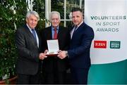 12 November 2019; Peadar McGranagan of Finn Valley AC, Co. Donegal, is presented with their award by Roddy Guiney, Chairperson of the Federation of Irish Sport, left, and Richard Gernon, Regional Manager EBS, during the Volunteers in Sport Awards presented by Federation of Irish Sport with EBS at Farmleigh House in Phoenix Park, Dublin. Photo by Sam Barnes/Sportsfile