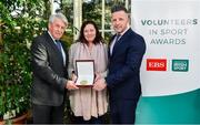 12 November 2019; Carol Murray from Longford is presented with their award by Roddy Guiney, Chairperson of the Federation of Irish Sport, left, and Richard Gernon, Regional Manager EBS, during the Volunteers in Sport Awards presented by Federation of Irish Sport with EBS at Farmleigh House in Phoenix Park, Dublin. Photo by Sam Barnes/Sportsfile