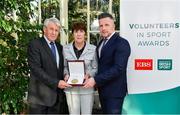 12 November 2019; Theresa Kinane of Greystones and District AC, Co. Wicklow, is presented with their award by Roddy Guiney, Chairperson of the Federation of Irish Sport, left, and Richard Gernon, Regional Manager EBS, during the Volunteers in Sport Awards presented by Federation of Irish Sport with EBS at Farmleigh House in Phoenix Park, Dublin. Photo by Sam Barnes/Sportsfile