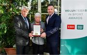 12 November 2019; Shirley MacDermott from Kildare is presented with their award by Roddy Guiney, Chairperson of the Federation of Irish Sport, left, and Richard Gernon, Regional Manager EBS, during the Volunteers in Sport Awards presented by Federation of Irish Sport with EBS at Farmleigh House in Phoenix Park, Dublin. Photo by Sam Barnes/Sportsfile