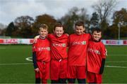 12 November 2019; It’s not every day you get to meet your football heroes. Tuesday was that day for a select group of schoolchildren after winning the SPAR Play like a Pro competition to take part in an exclusive training session and meet the Irish senior football team at their Abbotstown base ahead of Thursday night’s friendly match against New Zealand and next week’s UEFA EURO Qualifier versus Denmark. Pictured during the training session were, from left, Zach Kelly, Ethan Palmer, Adam Fuery and Cillian Rochford, from Kill, Kildare, who were winners of the recent SPAR Play Like A Pro competition. Photo by Stephen McCarthy/Sportsfile