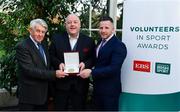 12 November 2019; Derek Niland from Cloonacauneen, Co. Galway, is presented with their award by Roddy Guiney, Chairperson of the Federation of Irish Sport, left, and Richard Gernon, Regional Manager EBS, during the Volunteers in Sport Awards presented by Federation of Irish Sport with EBS at Farmleigh House in Phoenix Park, Dublin. Photo by Sam Barnes/Sportsfile