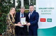 12 November 2019; Tommy Murphy from Carlow is presented with their award by Mary O'Connor, CEO of the Federation of Irish Sport, and Richard Gernon, Regional Manager EBS, during the Volunteers in Sport Awards presented by Federation of Irish Sport with EBS at Farmleigh House in Phoenix Park, Dublin. Photo by Sam Barnes/Sportsfile