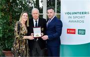 12 November 2019; Seamus Kyne of the Irish Indoor Bowling Association, from Co. Derry, is presented with their award by Mary O'Connor, CEO of the Federation of Irish Sport, and Richard Gernon, Regional Manager EBS, during the Volunteers in Sport Awards presented by Federation of Irish Sport with EBS at Farmleigh House in Phoenix Park, Dublin. Photo by Sam Barnes/Sportsfile