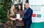 12 November 2019; Paula Powell Enright of Armagh Harps Gaelic Football Club, Co. Armagh, is presented with their award by Mary O'Connor, CEO of the Federation of Irish Sport, and Richard Gernon, Regional Manager EBS, during the Volunteers in Sport Awards presented by Federation of Irish Sport with EBS at Farmleigh House in Phoenix Park, Dublin. Photo by Sam Barnes/Sportsfile
