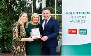 12 November 2019; Mary Davitt of Navan Archery Club, Co. Meath, is presented with their award by Mary O'Connor, CEO of the Federation of Irish Sport, and Richard Gernon, Regional Manager EBS, during the Volunteers in Sport Awards presented by Federation of Irish Sport with EBS at Farmleigh House in Phoenix Park, Dublin. Photo by Sam Barnes/Sportsfile