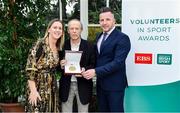 12 November 2019; Liam Evans of St James' GAA Club, Co. Cork, is presented with their award by Mary O'Connor, CEO of the Federation of Irish Sport, and Richard Gernon, Regional Manager EBS, during the Volunteers in Sport Awards presented by Federation of Irish Sport with EBS at Farmleigh House in Phoenix Park, Dublin. Photo by Sam Barnes/Sportsfile