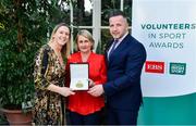 12 November 2019; Gaye Conway of Enniskillen Royal Boat Club, Co. Fermanagh, is presented with their award by Mary O'Connor, CEO of the Federation of Irish Sport, and Richard Gernon, Regional Manager EBS, during the Volunteers in Sport Awards presented by Federation of Irish Sport with EBS at Farmleigh House in Phoenix Park, Dublin. Photo by Sam Barnes/Sportsfile