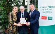 12 November 2019; Kenneth Strong from Co. Tyrone, is presented with their award by Mary O'Connor, CEO of the Federation of Irish Sport, and Richard Gernon, Regional Manager EBS, during the Volunteers in Sport Awards presented by Federation of Irish Sport with EBS at Farmleigh House in Phoenix Park, Dublin. Photo by Sam Barnes/Sportsfile