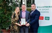 12 November 2019; Paul Cummins of Kilkenny Storm Ice Hockey, Co. Kilkenny, is presented with their award by Mary O'Connor, CEO of the Federation of Irish Sport, and Richard Gernon, Regional Manager EBS, during the Volunteers in Sport Awards presented by Federation of Irish Sport with EBS at Farmleigh House in Phoenix Park, Dublin. Photo by Sam Barnes/Sportsfile