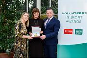 12 November 2019; Yvonne Tierney of Ballinamere Special Olympics Club, Co. Offaly, is presented with their award by Mary O'Connor, CEO of the Federation of Irish Sport, and Richard Gernon, Regional Manager EBS, during the Volunteers in Sport Awards presented by Federation of Irish Sport with EBS at Farmleigh House in Phoenix Park, Dublin. Photo by Sam Barnes/Sportsfile