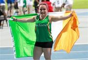 12 November 2019; Team Ireland's Niamh McCarthy, from Carrigaline, Cork, celebrates after finishing third place, to win a bronze medal, in the F41 Discus Final during day six of the World Para Athletics Championships 2019 at Dubai Club for People of Determination Stadium in Dubai, United Arab Emirates. Photo by Ben Booth/Sportsfile