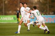 14 November 2019; Zachary Elbouzedi of Republic of Ireland celebrates after scoring his side's first goal with team-mates during the UEFA European U21 Championship Qualifier Group 1 match between Armenia and Republic of Ireland at the FFA Academy Stadium in Yerevan, Armenia. Photo by Harry Murphy/Sportsfile