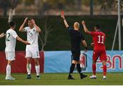 14 November 2019; Dara O'Shea of Republic of Ireland receives a red card from referee Antti Munukka during the UEFA European U21 Championship Qualifier Group 1 match between Armenia and Republic of Ireland at the FFA Academy Stadium in Yerevan, Armenia. Photo by Harry Murphy/Sportsfile