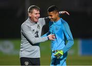 14 November 2019; Republic of Ireland head coach Stephen Kenny and Gavin Bazunu of Republic of Ireland embrace following the UEFA European U21 Championship Qualifier Group 1 match between Armenia and Republic of Ireland at the FFA Academy Stadium in Yerevan, Armenia. Photo by Harry Murphy/Sportsfile