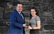 14 November 2019; Sean Reid, Deputy General Manager of the Croke Park Hotel, alongside Lauren Garland of Donaghmoyne with her Croke Park / LGFA Player of the Month award for October at The Croke Park hotel on Jones Road in Dublin. Lauren was a key player for Monaghan club Donaghmoyne as they retained the Ulster Senior Club Championship title in October. Lauren scored two crucial points in the Provincial Final victory over Donegal’s Termon. Photo by David Fitzgerald/Sportsfile