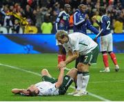 18 November 2009; Richard Dunne and Liam Lawrence, right, Republic of Ireland react after the game. FIFA 2010 World Cup Qualifying Play-off 2nd Leg, Republic of Ireland v France, Stade de France, Saint-Denis, Paris, France. Picture credit: Stephen McCarthy / SPORTSFILE