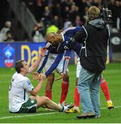 18 November 2009; Richard Dunne, Republic of Ireland, with Nicolas Anelka and theirry Henry, left, France, after the game. FIFA 2010 World Cup Qualifying Play-off 2nd Leg, Republic of Ireland v France, Stade de France, Saint-Denis, Paris, France. Picture credit: Stephen McCarthy / SPORTSFILE