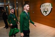 14 November 2019; Troy Parrott, centre, and Jack Byrne of Republic of Ireland arrive before the 3 International Friendly match between Republic of Ireland and New Zealand at the Aviva Stadium in Dublin. Photo by Stephen McCarthy/Sportsfile