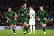 14 November 2019; Derrick Williams, centre, of Republic of Ireland celebrates after scoring his side's first goal with team-mates Troy Parrott, left, and Kevin Long during the 3 International Friendly match between Republic of Ireland and New Zealand at the Aviva Stadium in Dublin. Photo by Stephen McCarthy/Sportsfile
